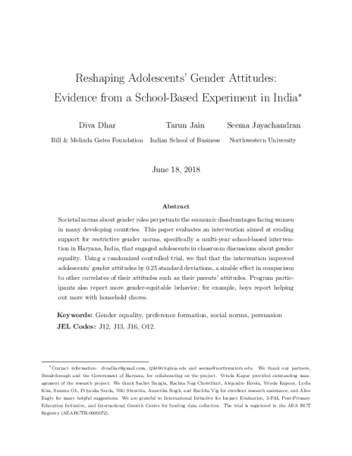 Reshaping adolescents’ gender attitudes: Evidence from a school-based experiment in India