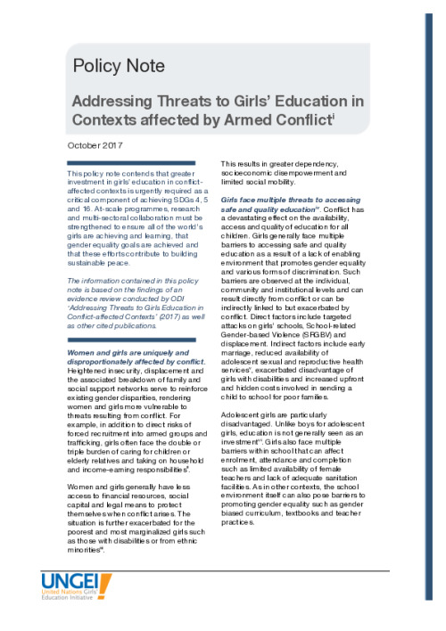 Addressing threats to girls' education in contexts affected by armed conflict