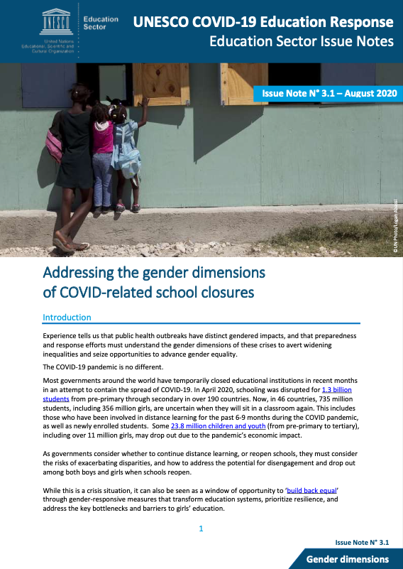 Issue Note: Addressing the gender dimensions of COVID-related school closures