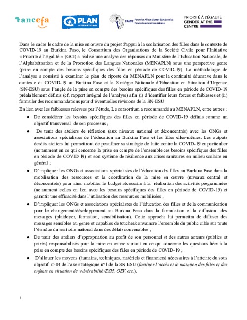 Synthèse: Analyse de genre de la réponse au Covid-19 en éducation au Burkina Faso