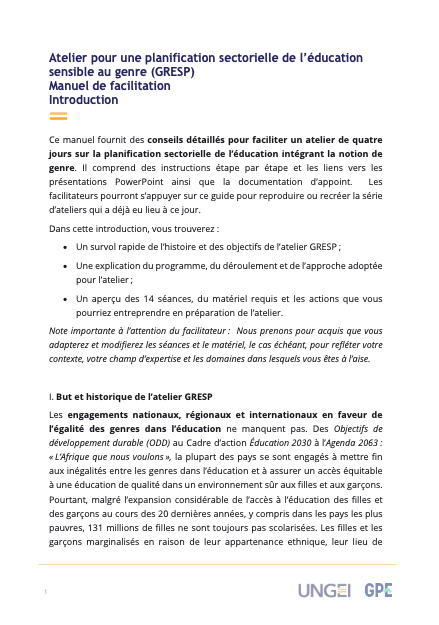 Atelier pour une planification sectorielle de l’éducation sensible au genre (GRESP) 