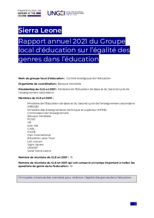 Sierra Leone Local Education Group 2021 Annual Report on Gender Equality in education