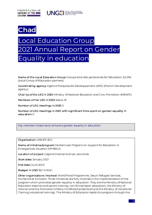 Chad Local Education Group 2021 Annual Report on Gender Equality in education