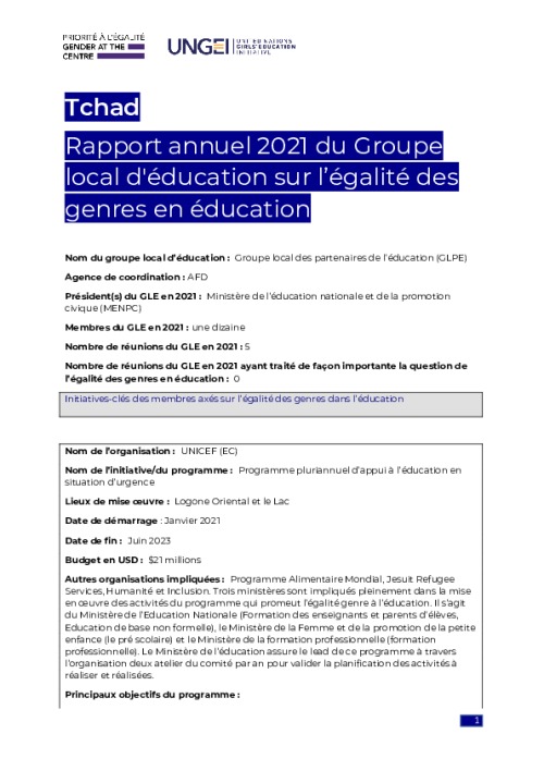 Tchad Rapport annuel 2021 du Groupe local d'éducation sur l’égalité des genres en éducation