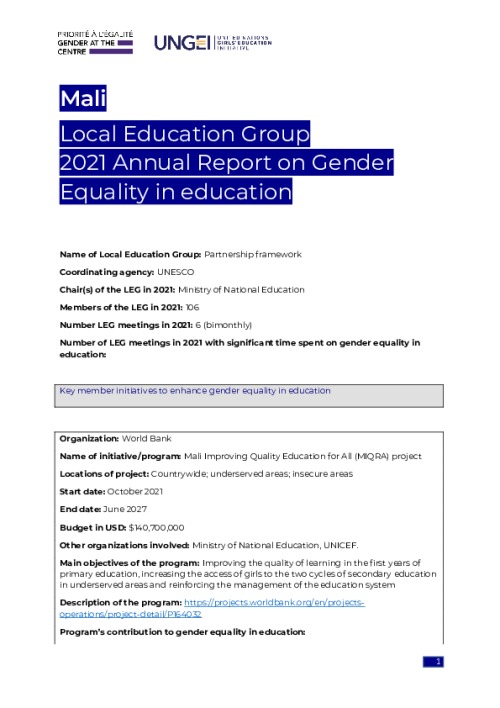 Mali Local Education Group 2021 Annual Report on Gender Equality in education