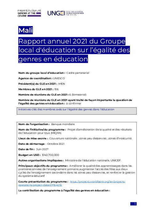 Mali Rapport annuel 2021 du Groupe local d'éducation sur l’égalité des genres en éducation