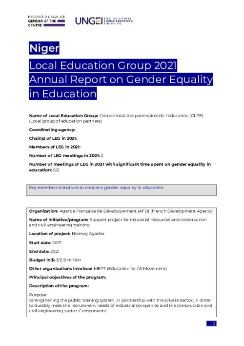 Niger Local Education Group 2021 Annual Report on Gender Equality in Education