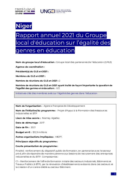 Niger Rapport annuel 2021 du Groupe local d'éducation sur l’égalité des genres en éducation