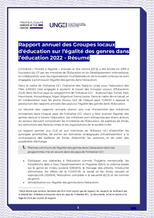Rapport annuel des Groupes locaux d'éducation sur l’égalité des genres dans l’éducation 2022 - Résumé