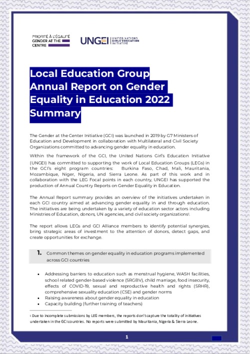Local Education Group Annual Report on Gender Equality in Education 2022 Summary