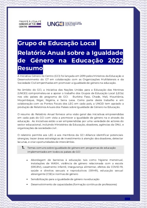 Relatório Anual dos Grupos de Educação Local sobre Igualdade de Género na Educação 2022 - Resumo