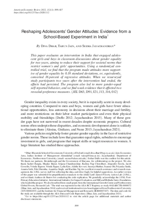Reshaping Adolescents’ Gender Attitudes: Evidence from a School-Based Experiment in India