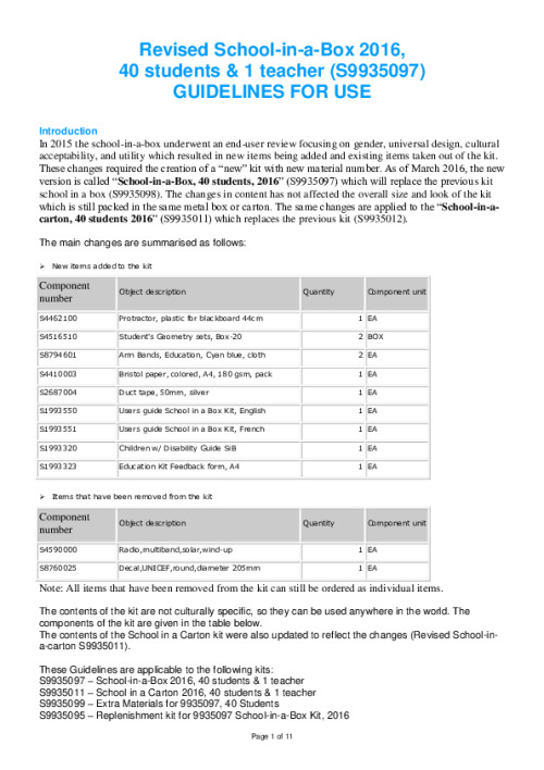 Revised School-in-a-Box-Kit Guidelines for Use