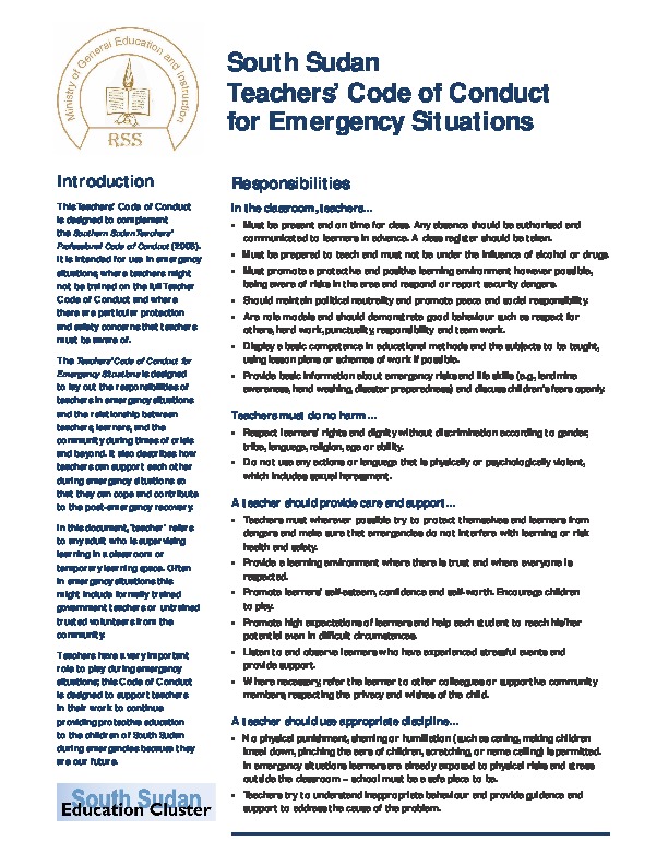 South Sudan Teachers’ Code of Conduct for Emergency Situations