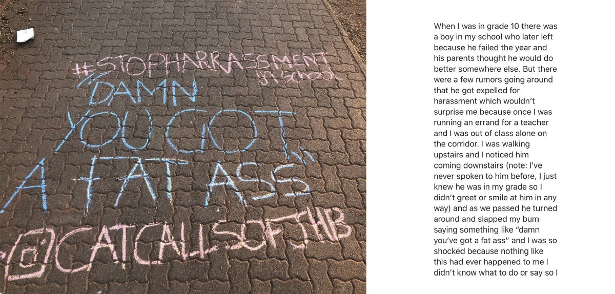 This Chalk Back reads "Damn you got a fat ass" #stopharassmentinschool. This story was sent in via direct message on @catcallsofjhb (Johannesburg).